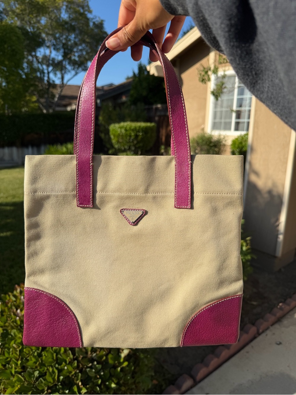 Prada Beige Canvas Tote with Pink Leather Trim